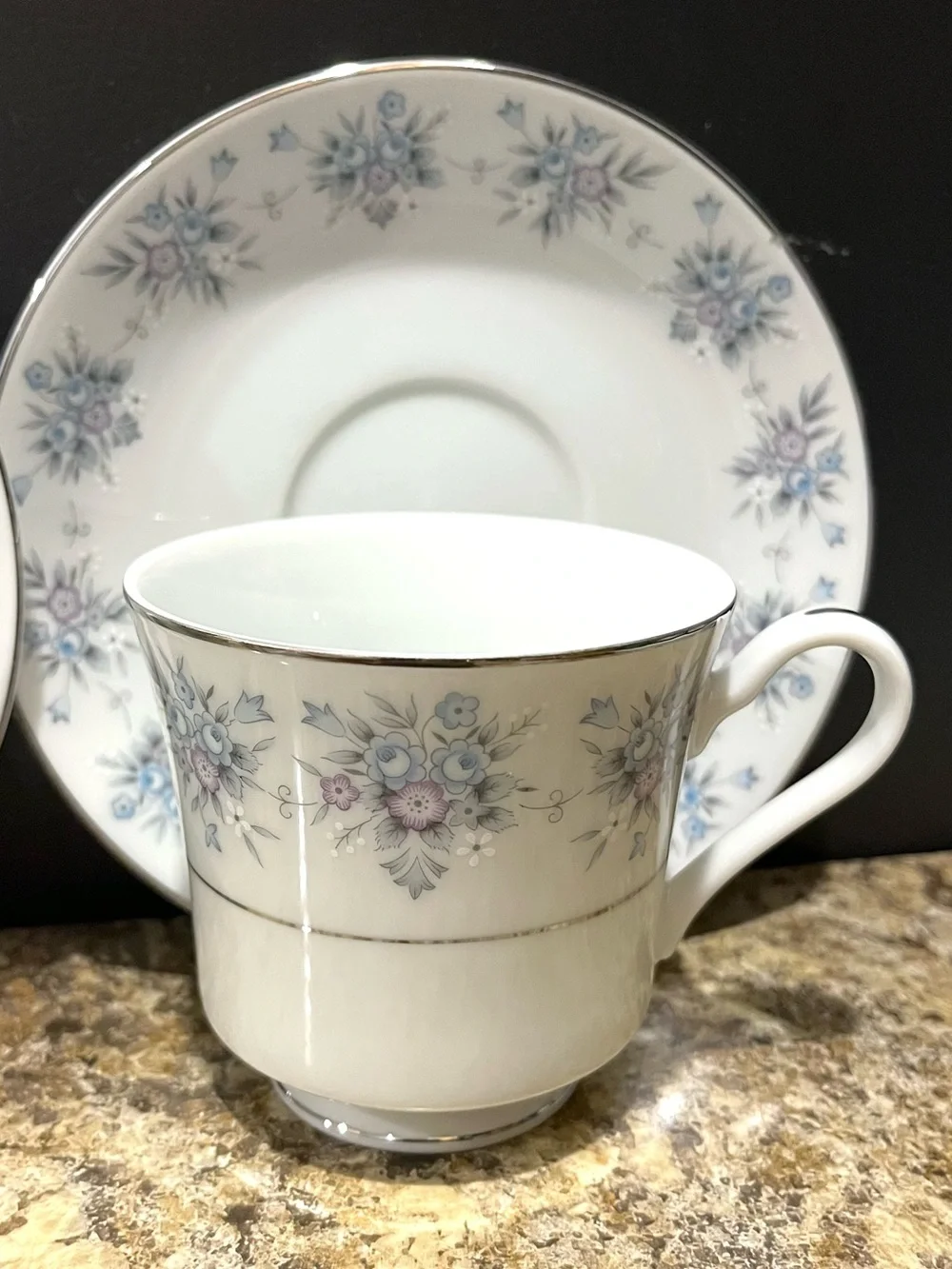 The Wentworth Collection Avington Tea Cups and Saucers with Silver Trim Set of 2